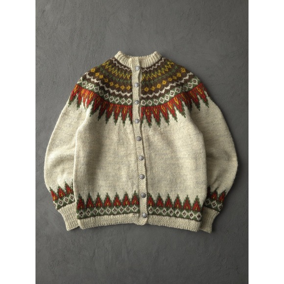 Handmade Sweaters - Handknit Cream Wool Cardigan with Multicolor Fair Isle Yoke